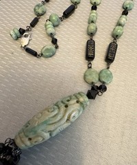 Sterling Silver Carved Jade Cylinder Deco Tassel Necklace Wired Black Glass Bead