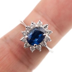 Classic 14k Solid White Gold Natural Blue Sapphire and Diamond HALO Ring Sz 6.5