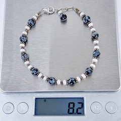 Vintage Sterling Silver 925 Snowflake Obsidian Pearl Beaded Bracelet 7.5″-8.25″