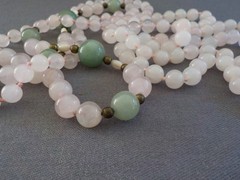 Light Pink Quartz & Green Stone (2) Single Strand Necklace Knotted Bead No Clasp