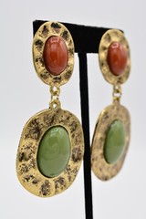 Vintage Cabochon Clip Earrings Antiqued Gold Burnt Rust Green Chunky 80s BinA13