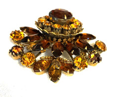 Antique Baltic Amber Topaz Brown Faceted Pin Brooch Dimensional Fan Statement