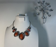 Orange Faux Howlite silver tone charm necklace 20”