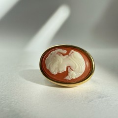 Vintage CROWN TRIFARI 1960s Gold Toned Orange and Ivory Cameo Clip On Earrings