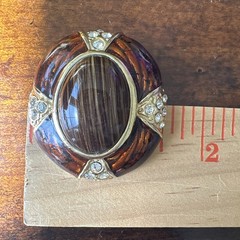 Vintage Brooch Pin 1.75 Inch Brown Marbled Art Glass Clear Rhinestones Gold