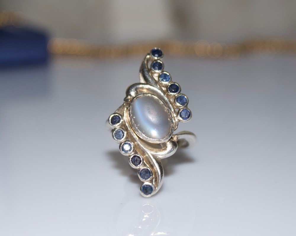 Vintage Moonstone & Sapphire Large Statement Ring in Palladium Bypass Design Cey