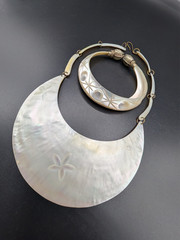Vintage Carved Mother of Pearl Bib Necklace and Elephant Head Bangle Bracelet