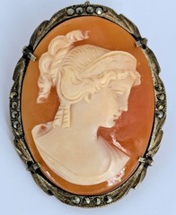 Antique Shell Cameo Brooch Pendant 800 Silver Hand Carved Classical Lady