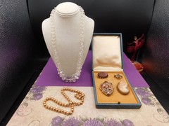 Antique jewelry lot mixed necklaces Gold filled beads Cameo Victorian broochs