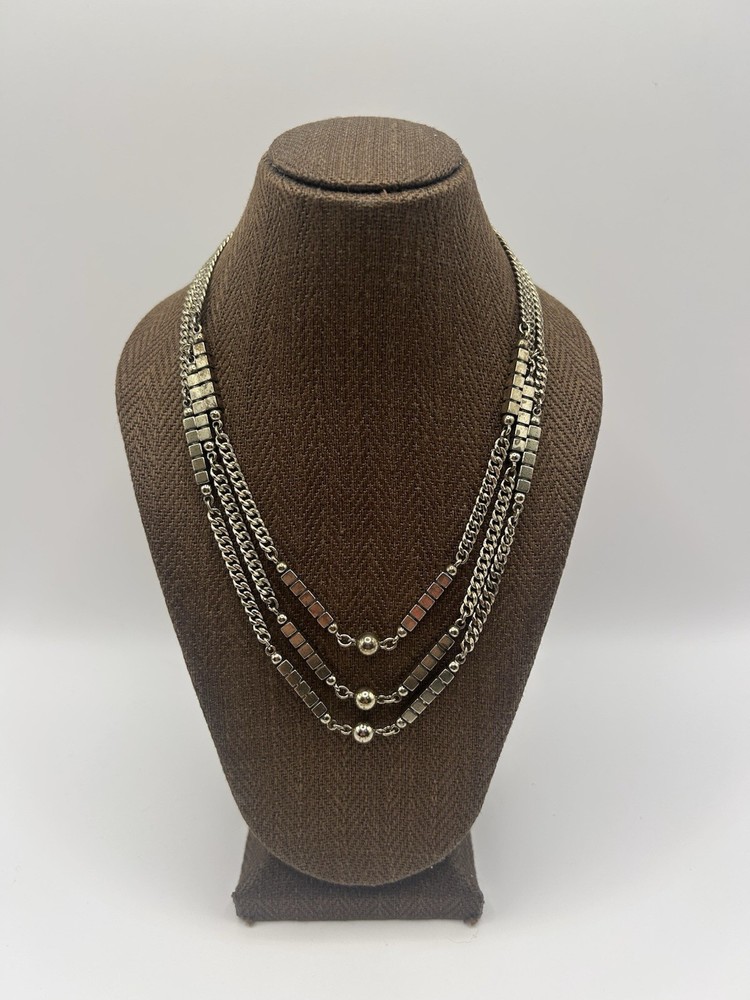 Vintage MONET Necklace Retro MCM 3 Strand Silver Toned Statement Layered Signed