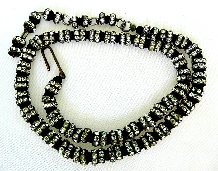 Vintage Black Glass Bead & Channel Set Beaded Rhinestone Necklace