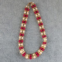 Vintage Red & White Beaded Faux Pearl Gold Tone Choker Necklace, Snap Close 19″
