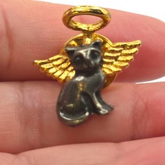 Angel Cat Pin Lapel Vintage Gold Wings Halo Kitty Pewter Minimalist SKU 3107