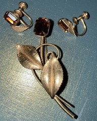 Vtg Van Dell Amber Stone Brooch Earrings Set 1/20 12K GF Gold Filled Flower Leaf