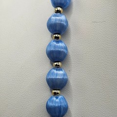 Vintage Blue Satin Silk Thread Wrapped Bead Necklace Gold Tone Spacers Korea NOS