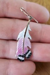Vintage Estate Sterling Silver Dangle Feather Earrings Hook Pink White Enamel