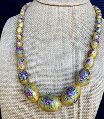 CZECH 1920’S NECKLACE YELLOW SATIN GLASS BEADS WITH FLOWERS 19.6″ Long