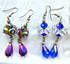 4 PAIR OF LONG CRYSTAL, DANGLING VINTAGE PIERCED EARRINGS, 2 5/8″