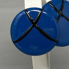 Retro Stud Button Earrings Royal Blue Black Enamel 1980s Pierced Round Vintage