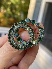 Vintage AB Green Blue Crystals Rhinestones Brooch 2 Circles Wreaths