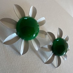 Vintage Large Enamal Flower Clip On Earring White and Green Enamel Flower