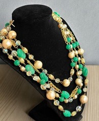 1950s Weiss? Multi Strand Faux Jade Cotton Pearl Crystal Bead Bib Necklace