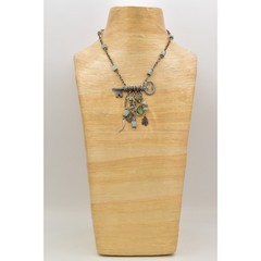 Vintage Stone Beaded Charm Necklace Skeleton Key Chunky Silver Boho 1990s Bin1