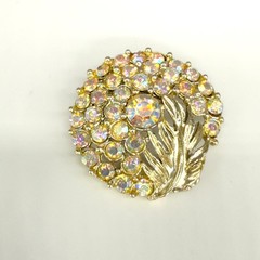 Vintage Brooch Gold Tone Feather AB Rhinestone Flower 1.5 Inches