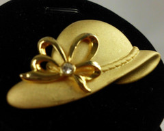 Vintage Tona Hat Brooch Satin Gold Tone Bow Clear Rhinestone Signed Pin 2.5 Inch
