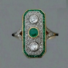 Art Deco Style Lab Created Emerald 3-Stone 14K Gold FN Wedding Anniversary Ring