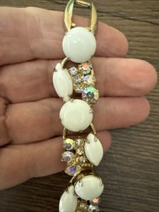 VTG JULIANA D&E Gold Tone Milk Glass AB & Clear Rhinestone Bracelet Borealis