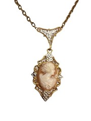 Vintage Genuine Shell Cameo Necklace Gold Tone Art Deco Pink Original Box 15.5”