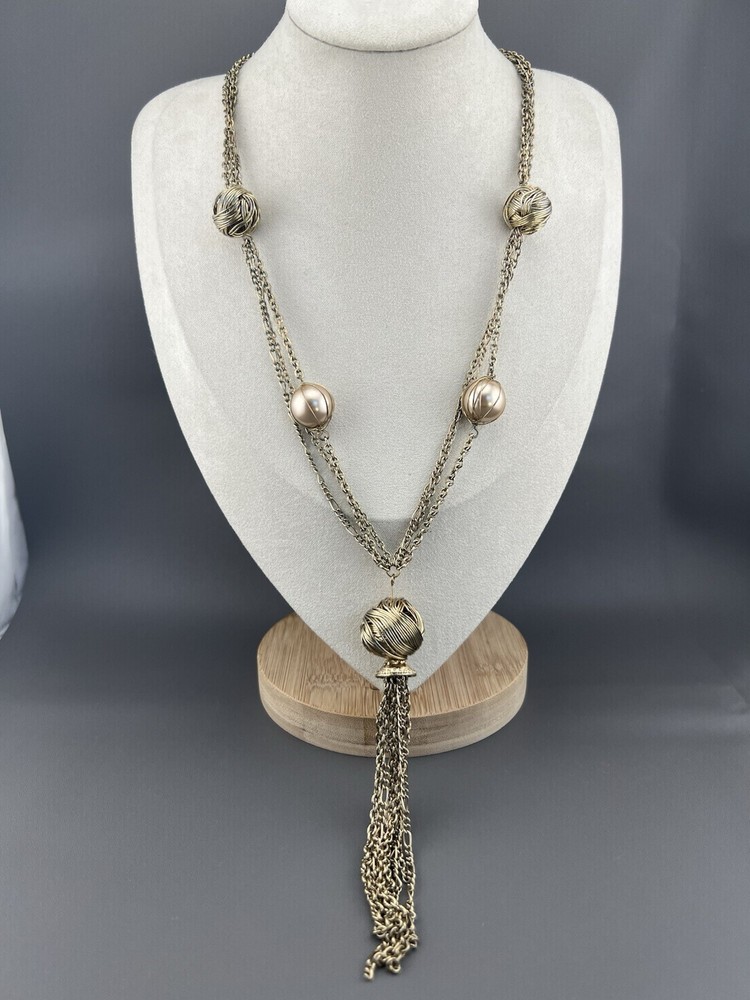 Vintage Tassel Necklace Faux Pearl Beaded Gold Tone Signed Bijoux Terner 21”