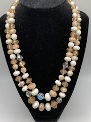 Vintage Coro Creamy Beige Gold Tones AB Beads 2 Strand Necklace