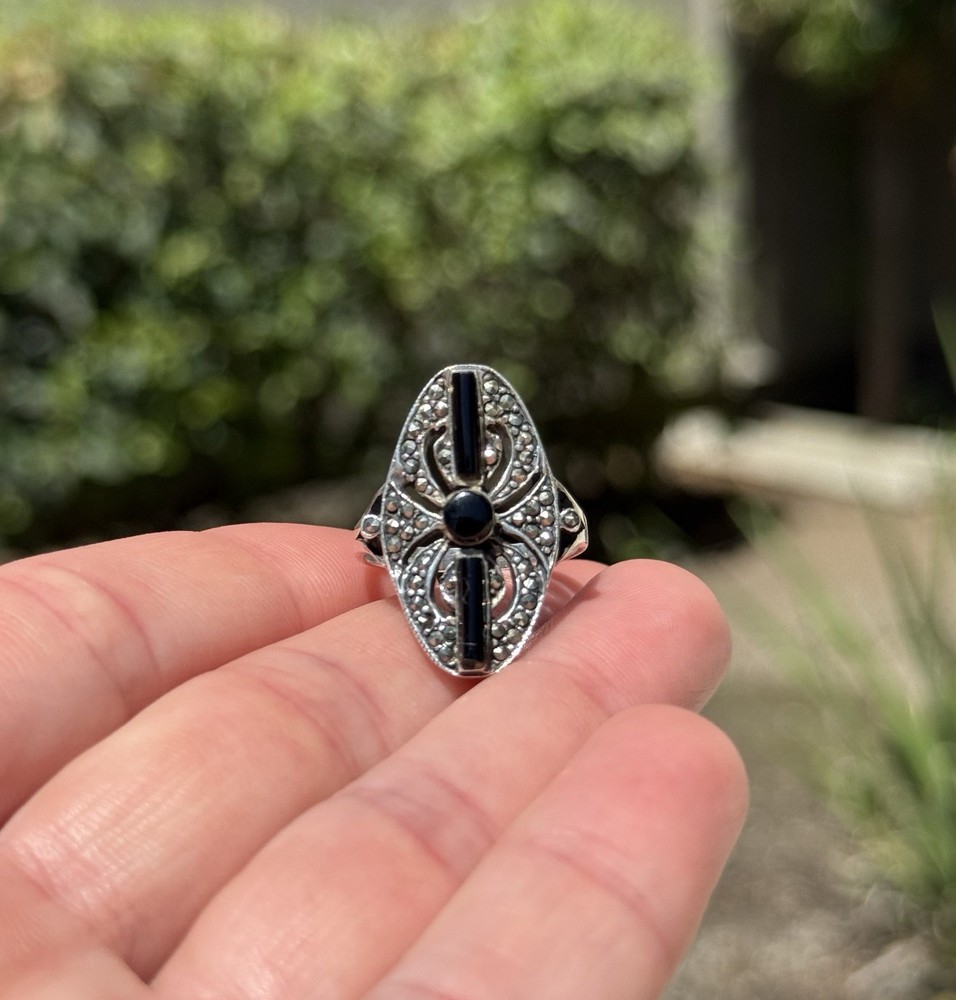 Vintage Sterling Silver Marcasite Open Work Spider Ring Sz 8.5 Art Deco Style