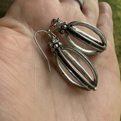 Vintage Sterling Silver Openwork Cage Lantern Dangle Earrings Rhinestone Accent