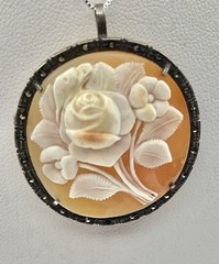Vintage Carved Shell Rose Cameo Pin Brooch Pendant High Relief 800 Silver Frame