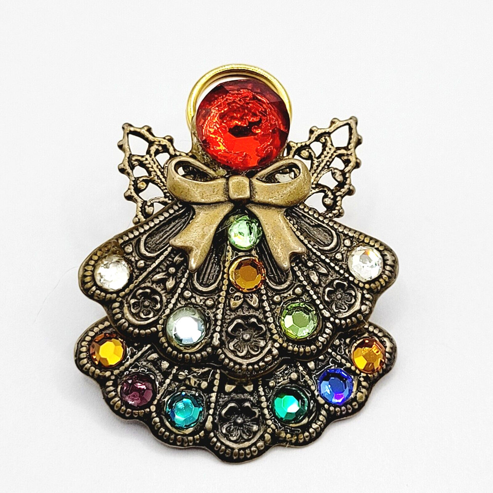 Angel Double Skirt Rhinestone Filled Filigree Wings Gold Tone Pin Lapel Family