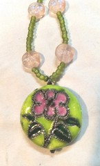 Vintage Cloisonne Flower Pendant Pink Green Glass Beads Metal Necklace Boho Gift