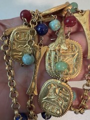 Vintage Egyptian Revival 46” Art Glass Bead & Hieroglyphic Tablets Necklace WOW!