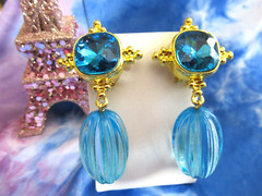 Chunky Statement Earrings Gold Tone Sky Blue Gemstone Pierced Drop Dangle