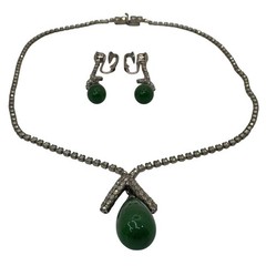 Vintage Signed Kramer Green Faux Jade Teardrop Necklace Earrings Set Rhinestones