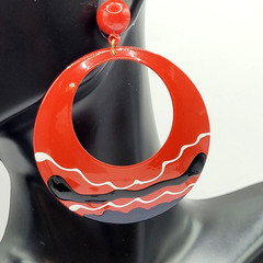 Large Metal Hoop Red Black White Enamel Hand Painted Pierced Vintage Earrings
