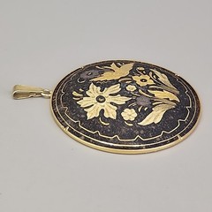 Vintage Damascene Pendant Flowers Birds Round Domed Black Gold Tone 2″