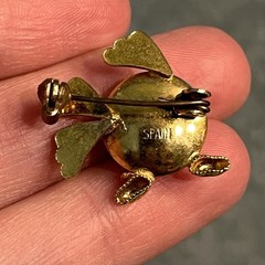 Vintage 1940 Polkadot Kissing Fish Brass Figural Spain Brooch Blue White Red
