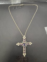 Vintage 20″ Sterling Silver 3.25″ Amethyst Moonstone Cross Necklace 33 Grams F24