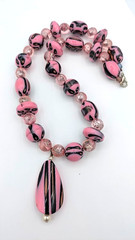 Vintage Glass Necklace Pink Black Art Glass Beaded Pendant 18 Inch