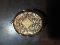Gold Embossed Locket With Aqua Rhinestone Intricate Filigree & Blue Beads
