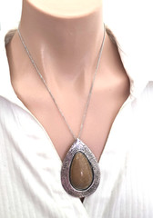 Vintage Golden Rutilated Quartz Teardrop Pewter Pendant Chain Necklace 18″L