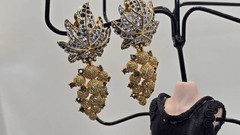 Vintage JOMAZ Clip On Earrings Gold Grape Cluster Rhinestone Leaf Statement